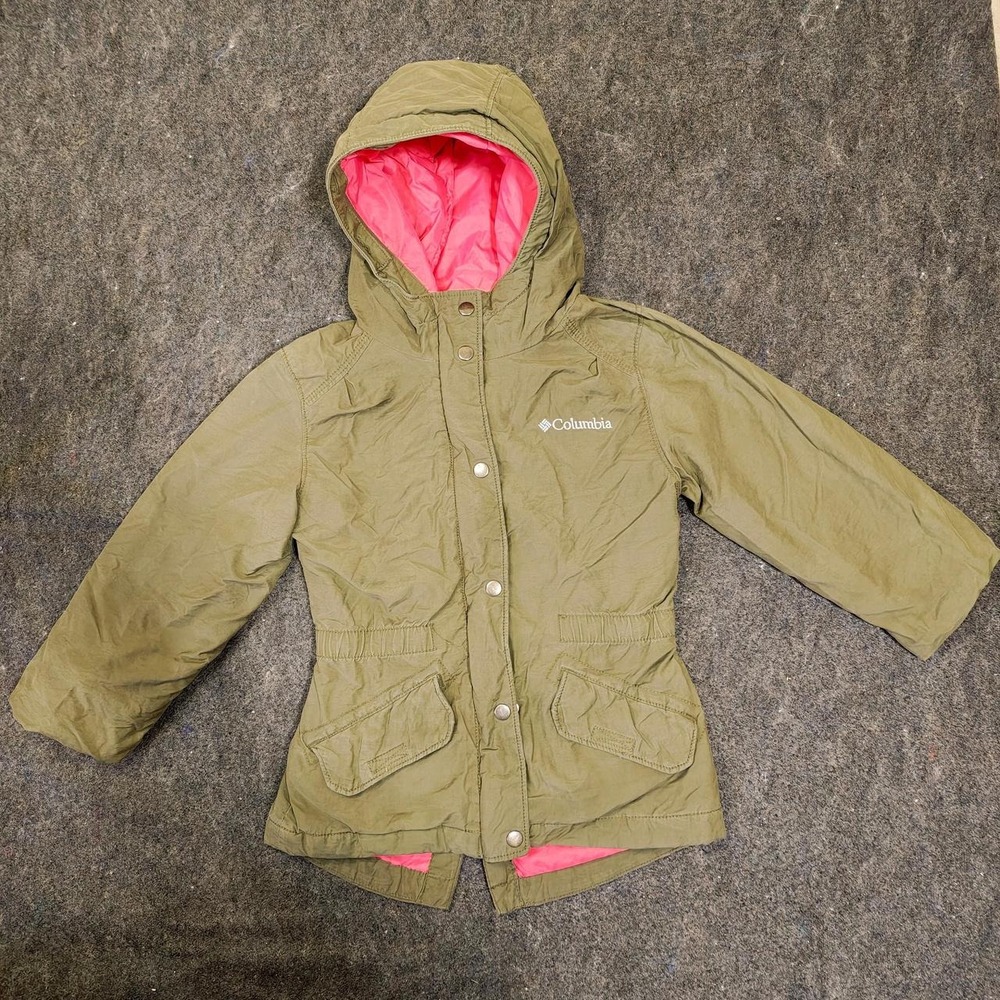 Columbia Kids Khaki Green Pink Fleece Lined Rain Jacket Hooded XXS 4/5